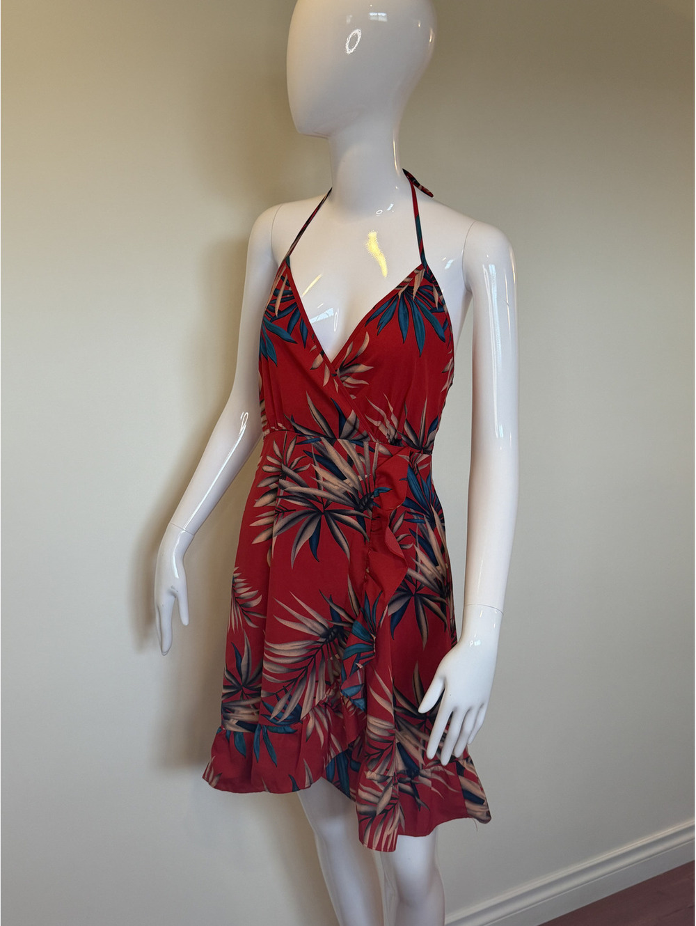 QED London Red Tropical Print Halter Mini Dress XXS